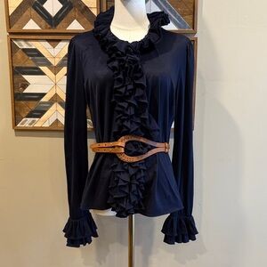 Vintage Ralph Lauren Collection Cotton Ruffle Top Navy Blue size Large *As-Is*